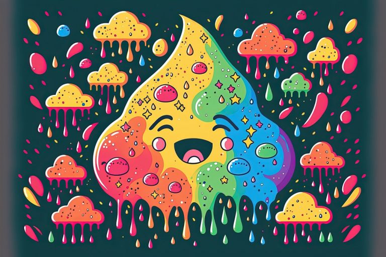 Eine Wolke, die lacht, auf dunklem Grund. die Wolke ist regenbogenfarbig und umgeben von weiteren wolken. Illustratíon.