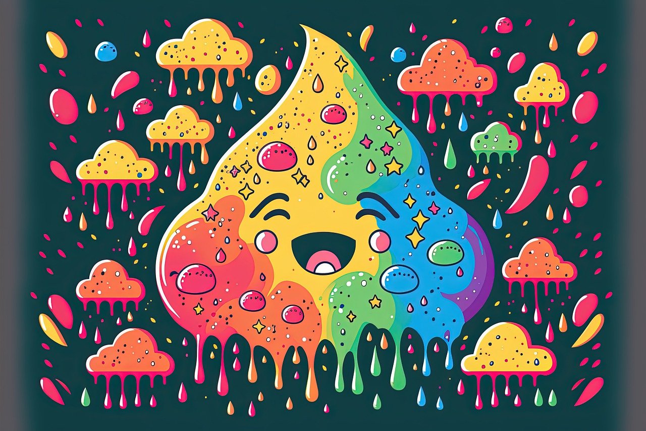 Eine Wolke, die lacht, auf dunklem Grund. die Wolke ist regenbogenfarbig und umgeben von weiteren wolken. Illustratíon.